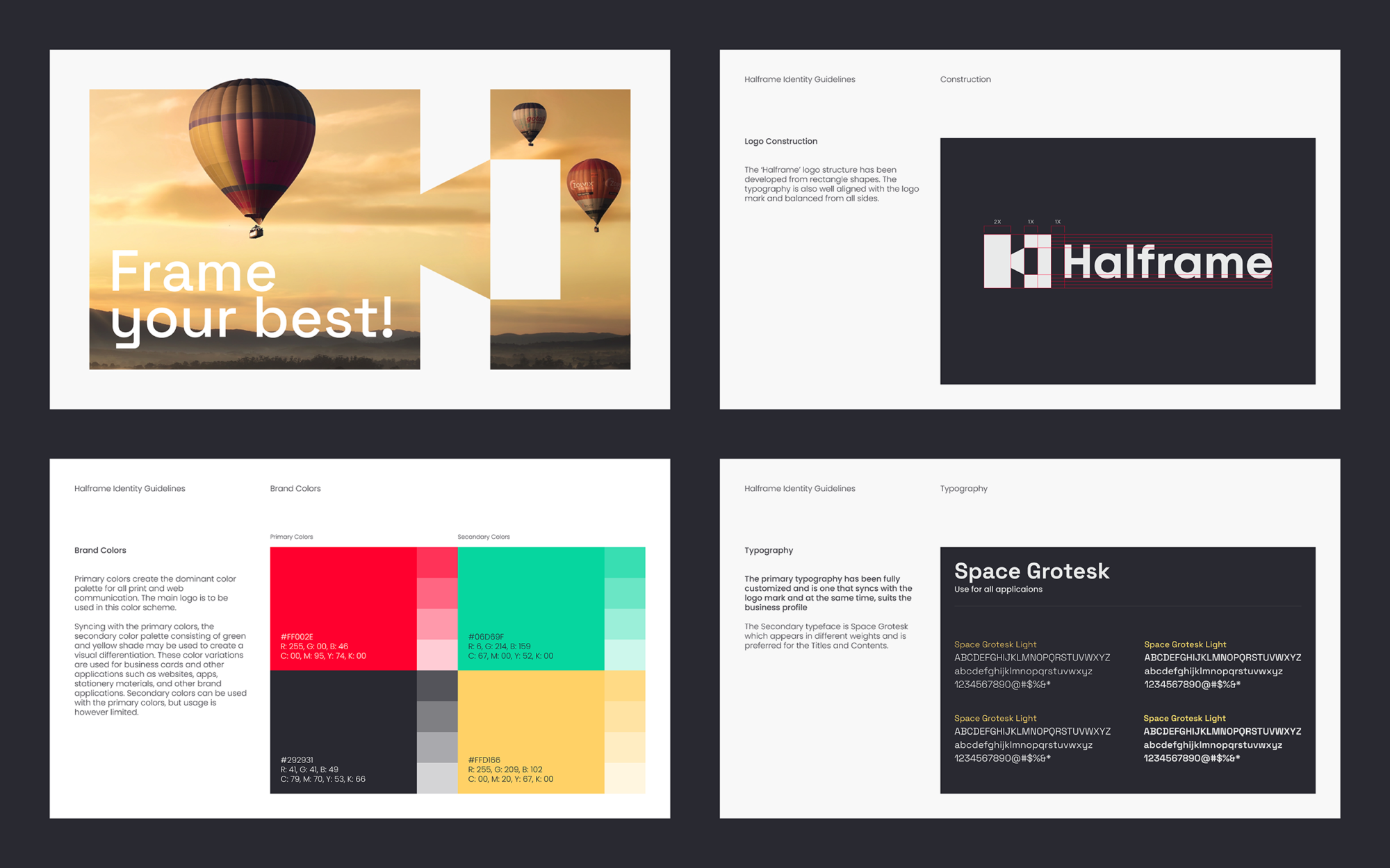 Layout designs of halframe with color pallete typogrpahy and brand guideline