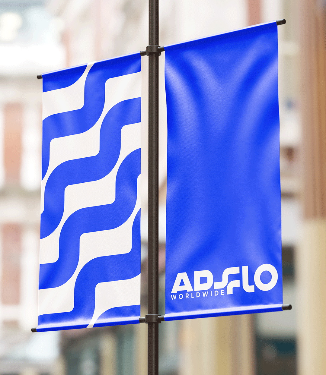 Banners in a street with logo in it